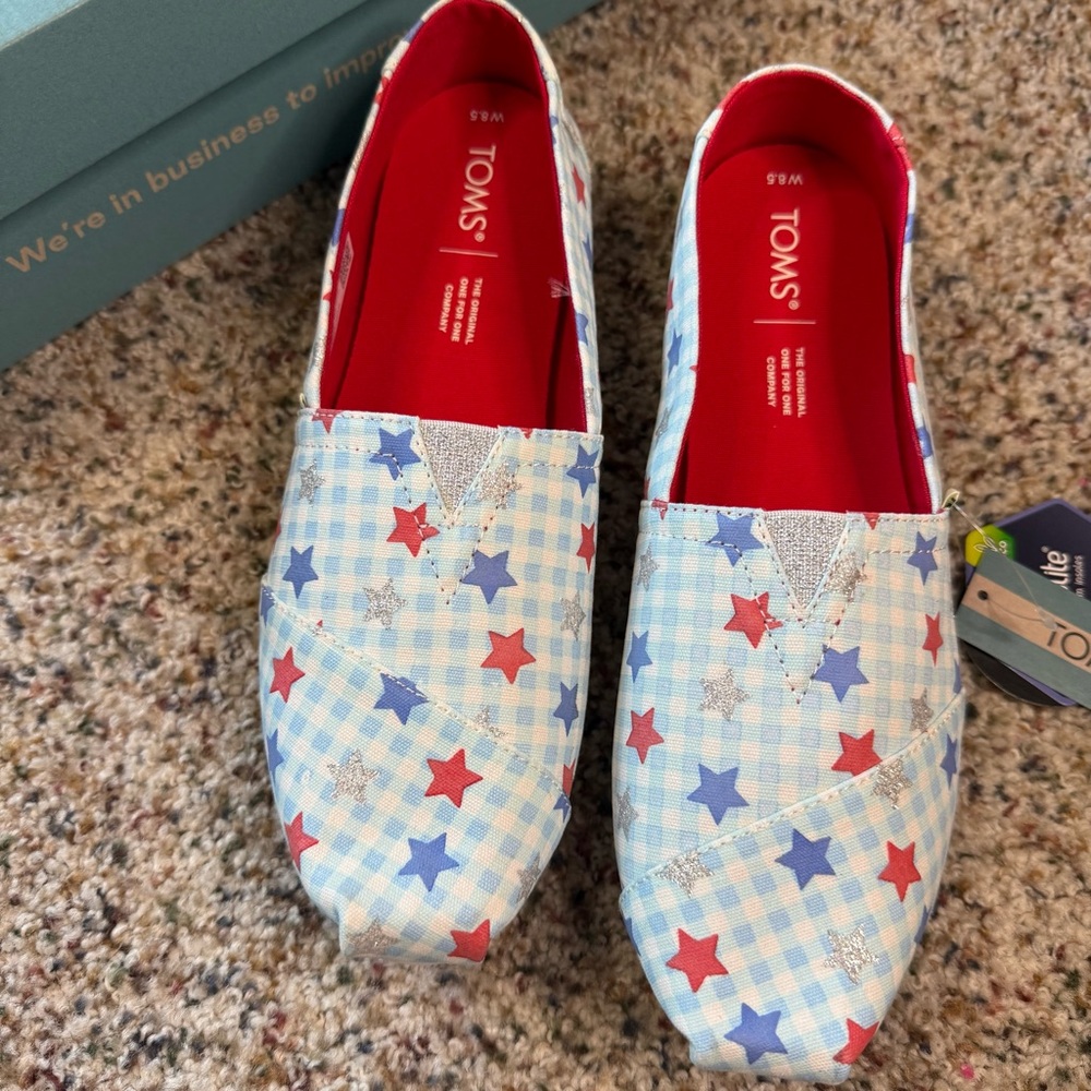 TOMS Alpargata – Size 8.5 – Gingham & Glow-in-the-Dark Glitter Stars – NWT